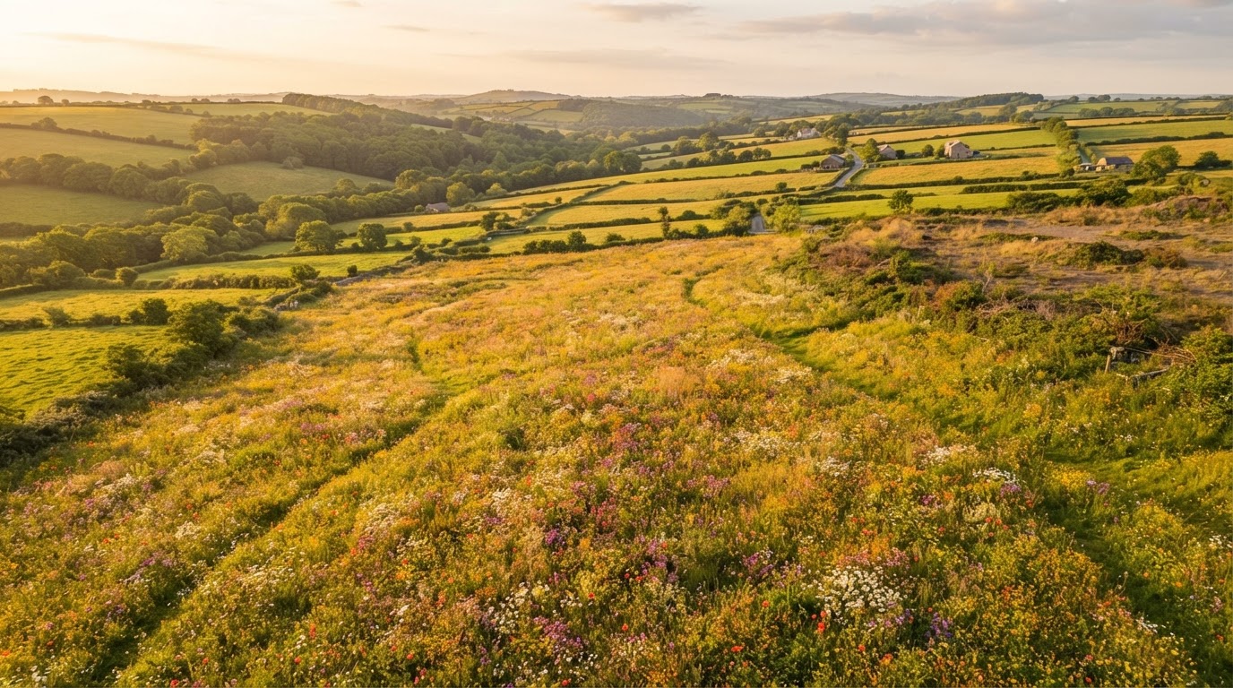 A wildflower meadow in the South West countryside, golden with wildflowers
