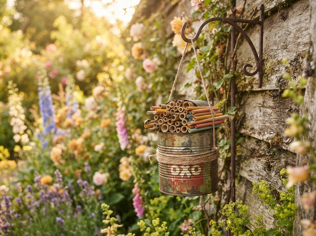 A finished DIY bee hotel — the the recycled tin hotel