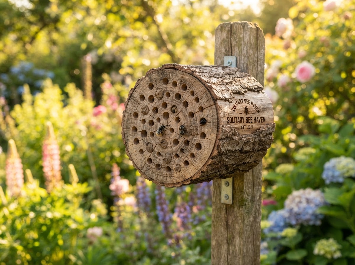 A finished DIY bee hotel — the the drilled wood block