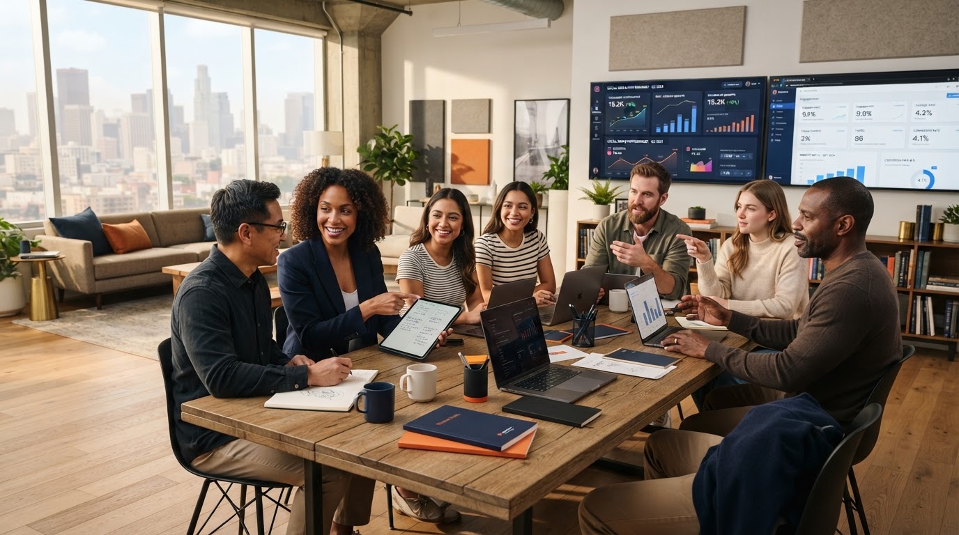 Marketing team collaborating in modern studio office