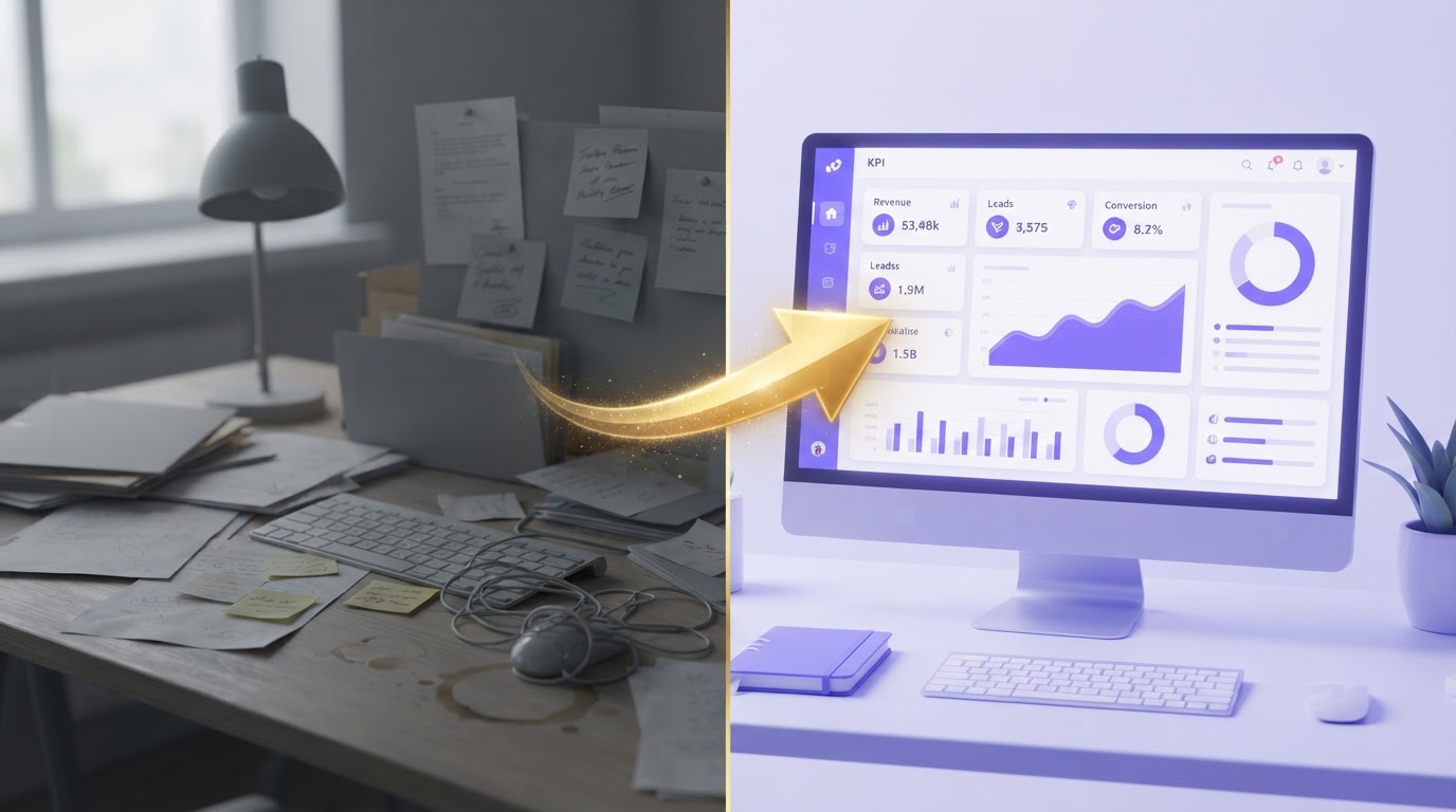 Split screen: chaotic cluttered desk on the left transforming into a clean organized dashboard on the right