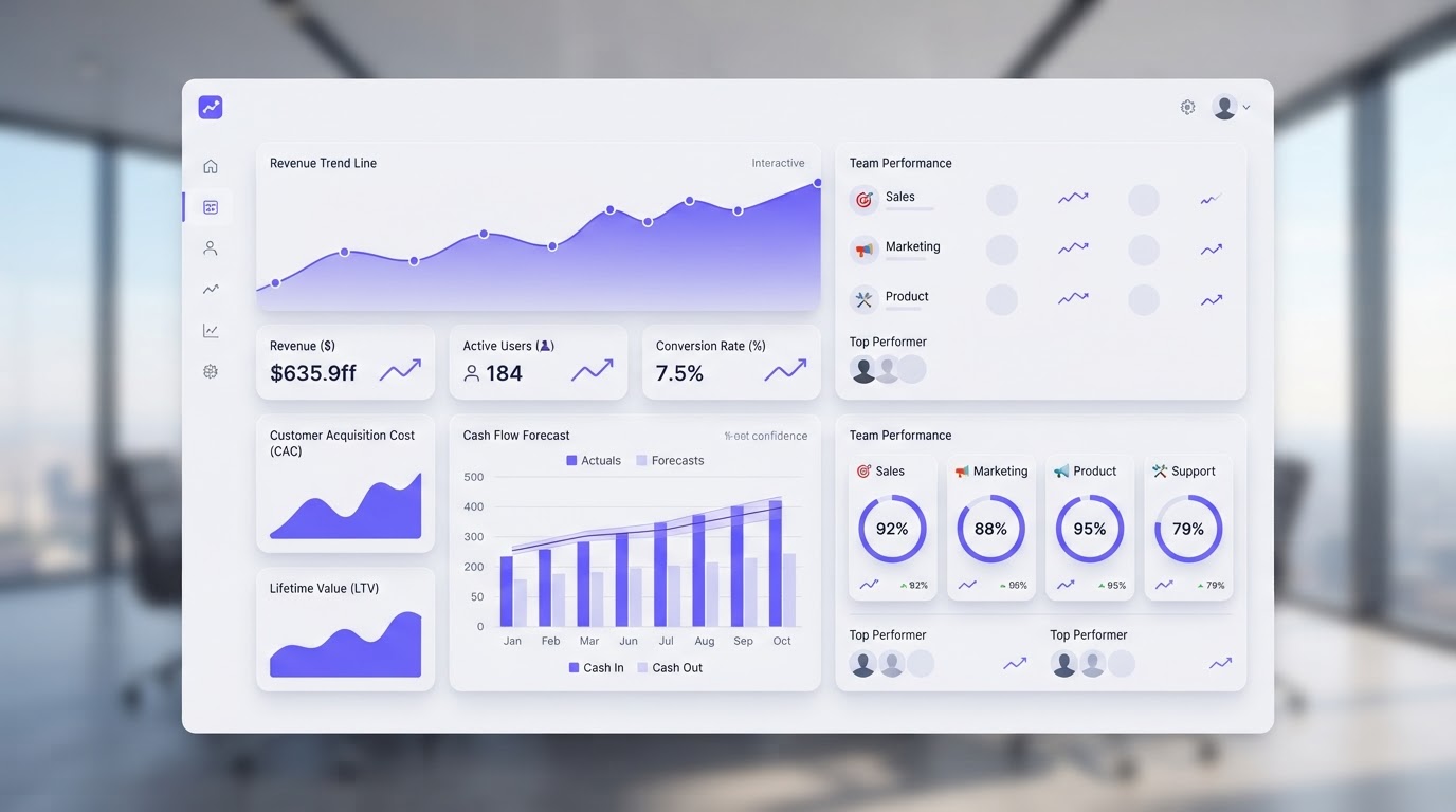 TractionX dashboard showing revenue graphs, KPI cards, and cash flow forecast