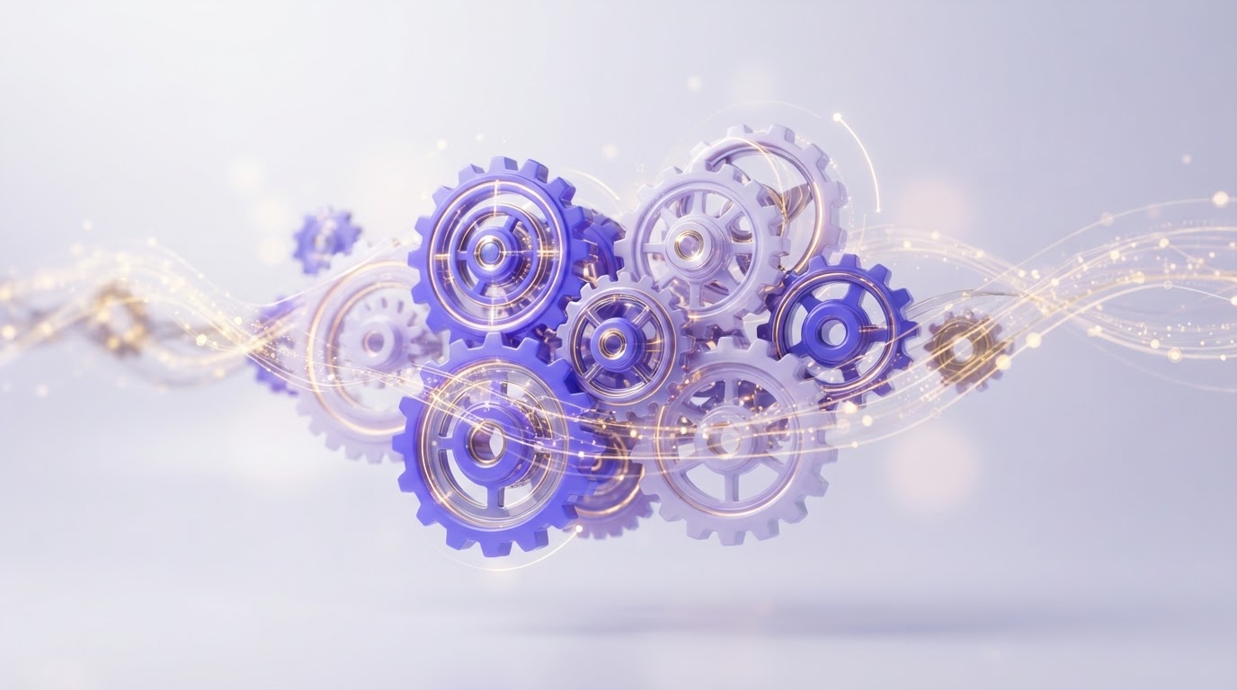 Business systems running on autopilot — gears, data streams, and growth