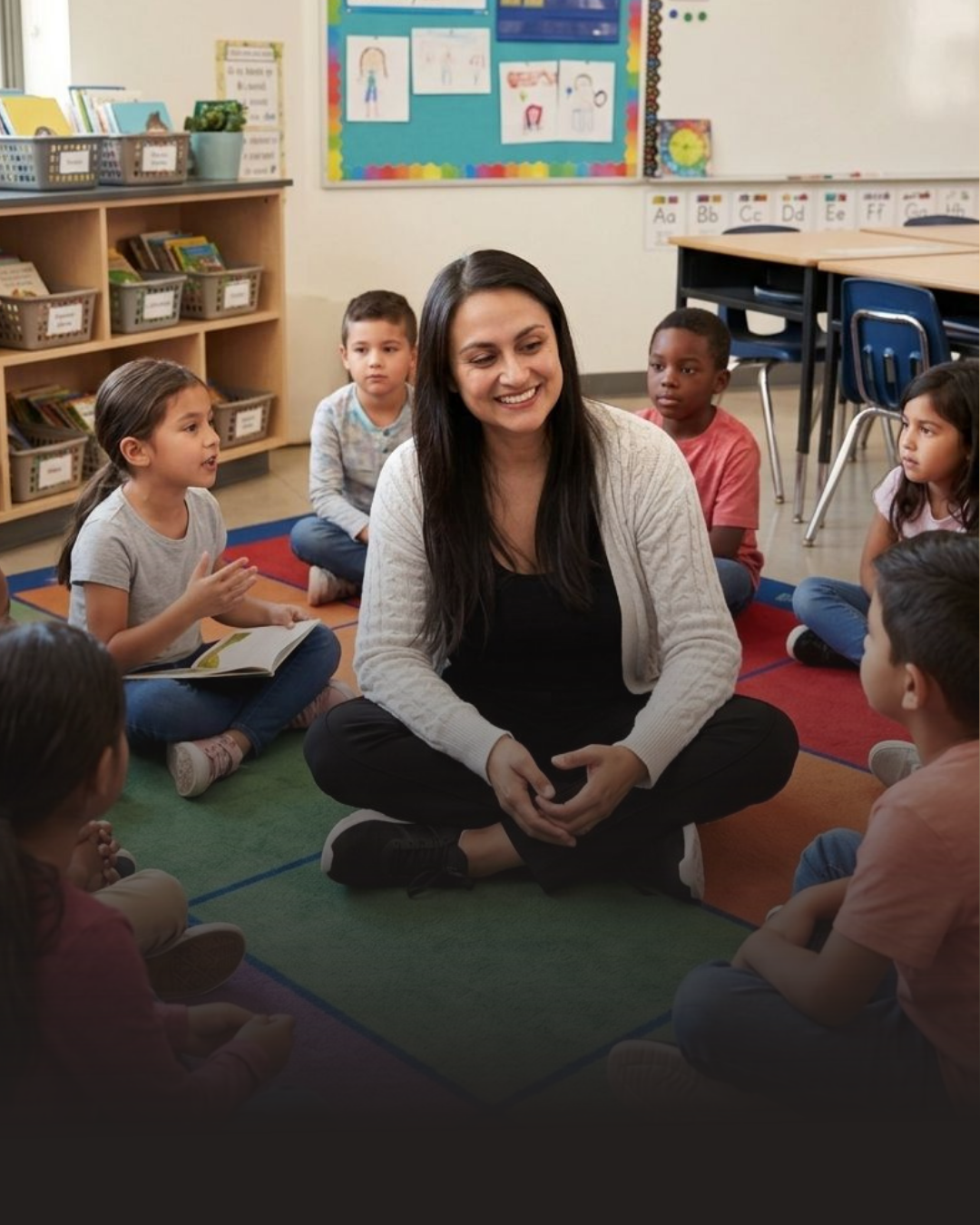 Fernanda en el círculo con niños en el salón de clases como docente