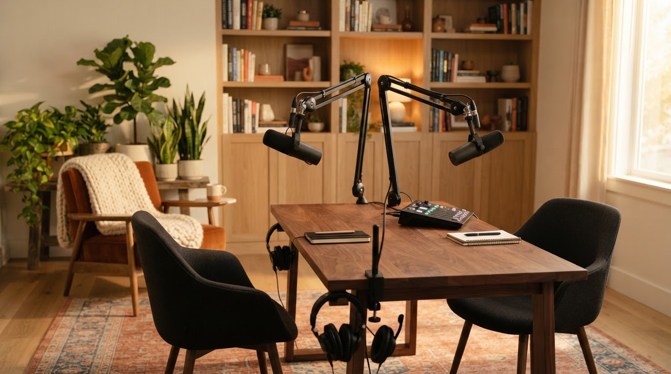 A professional podcast studio with two broadcast microphones, warm golden light, plants, bookshelves, and a comfortable reading chair, symbolizing the synergy between conversation and reflection