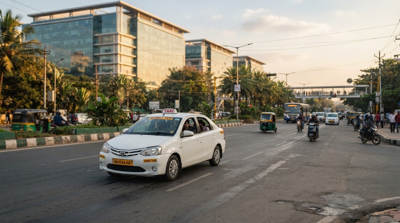 White sedan taxi driving on a busy Bangalore city road at golden hour