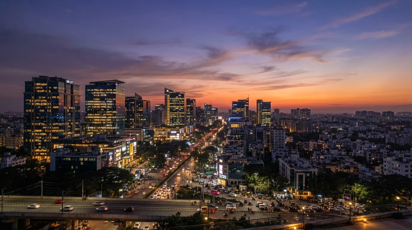 Bangalore cityscape at dusk with modern glass skyscrapers and warm lights