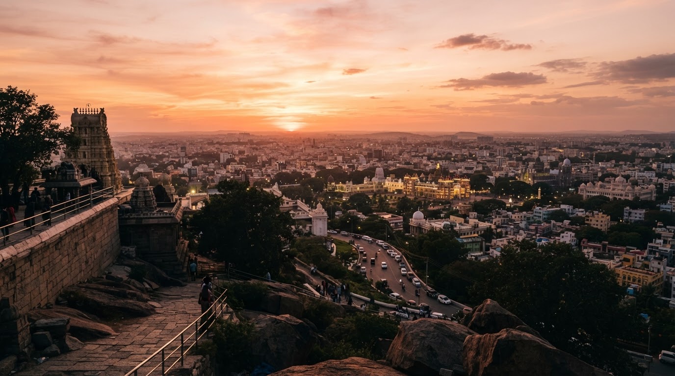 View from Chamundi Hill over the Mysore city skyline at golden hour