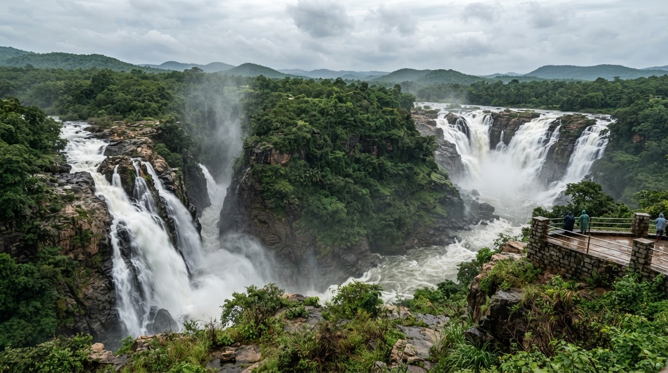 Shivanasamudra waterfalls cascading over rocky cliffs surrounded by forest