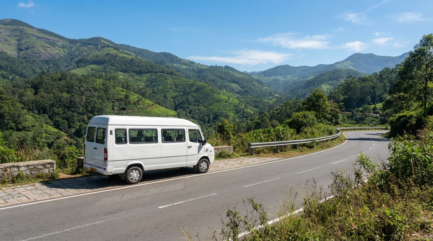White Tempo Traveller minivan parked on a hill station road in South India