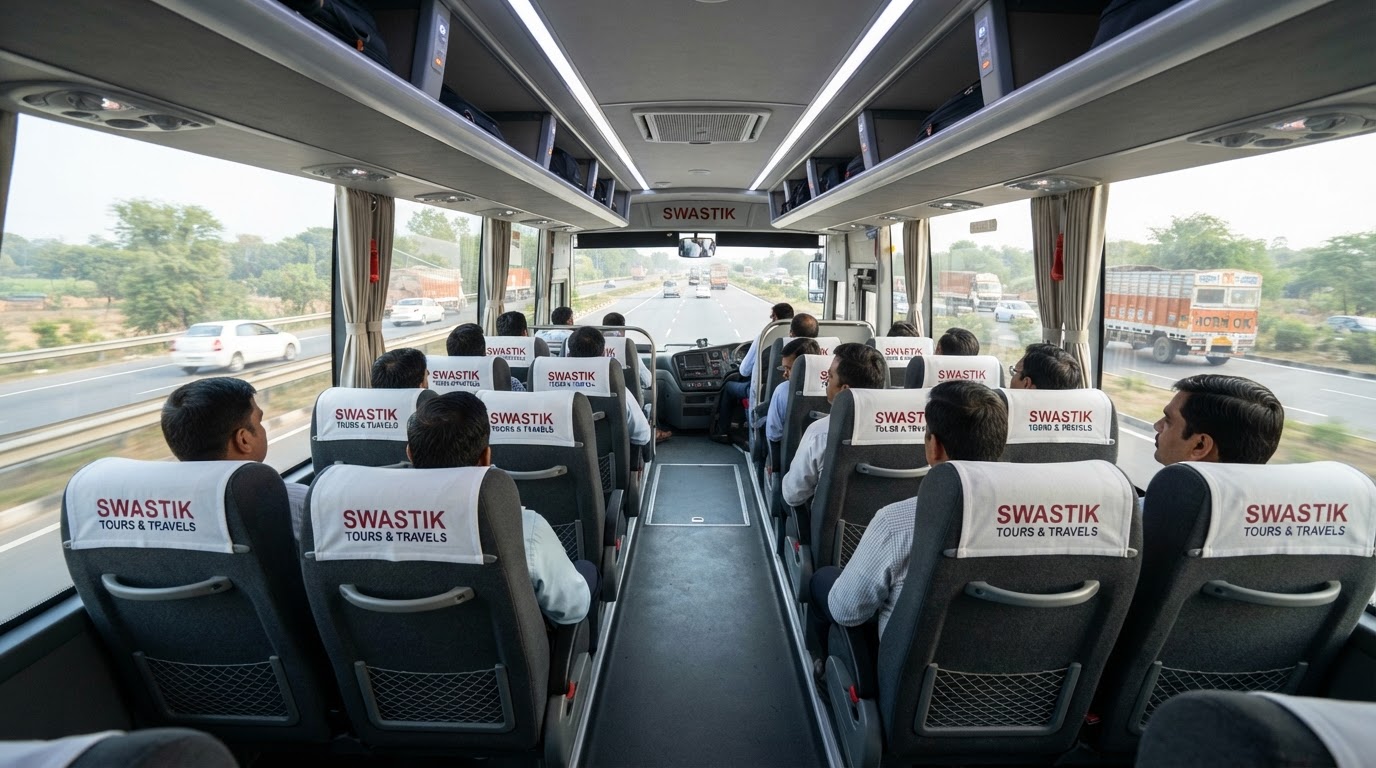 Modern 30-seater mini bus interior with overhead luggage racks and clean fabric seats