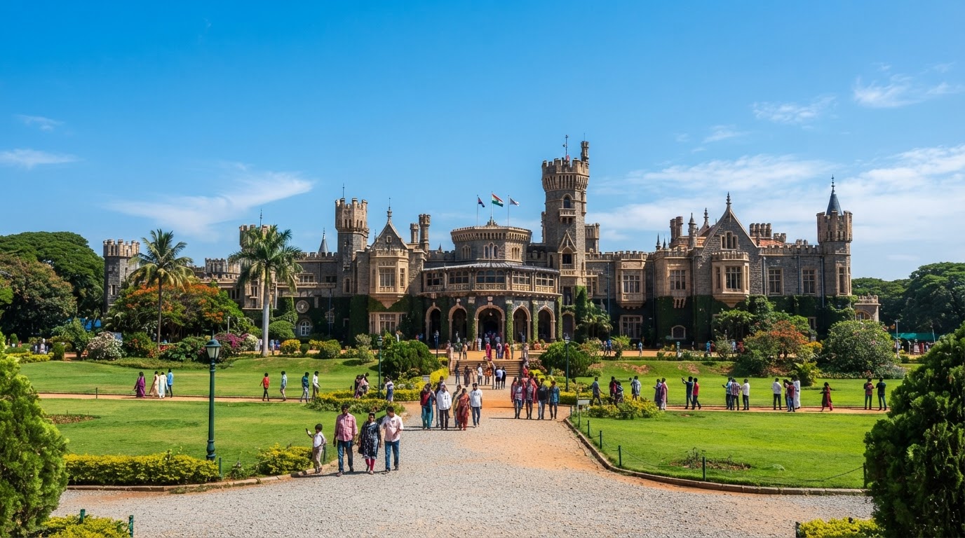 Bangalore Palace with Tudor-style towers and lush lawns in daylight