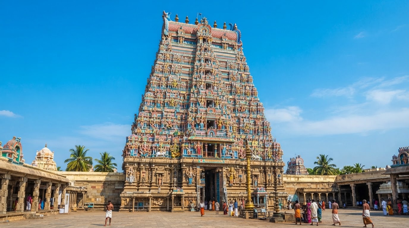 South Indian temple gopuram covered in colorful carved statues against a blue sky