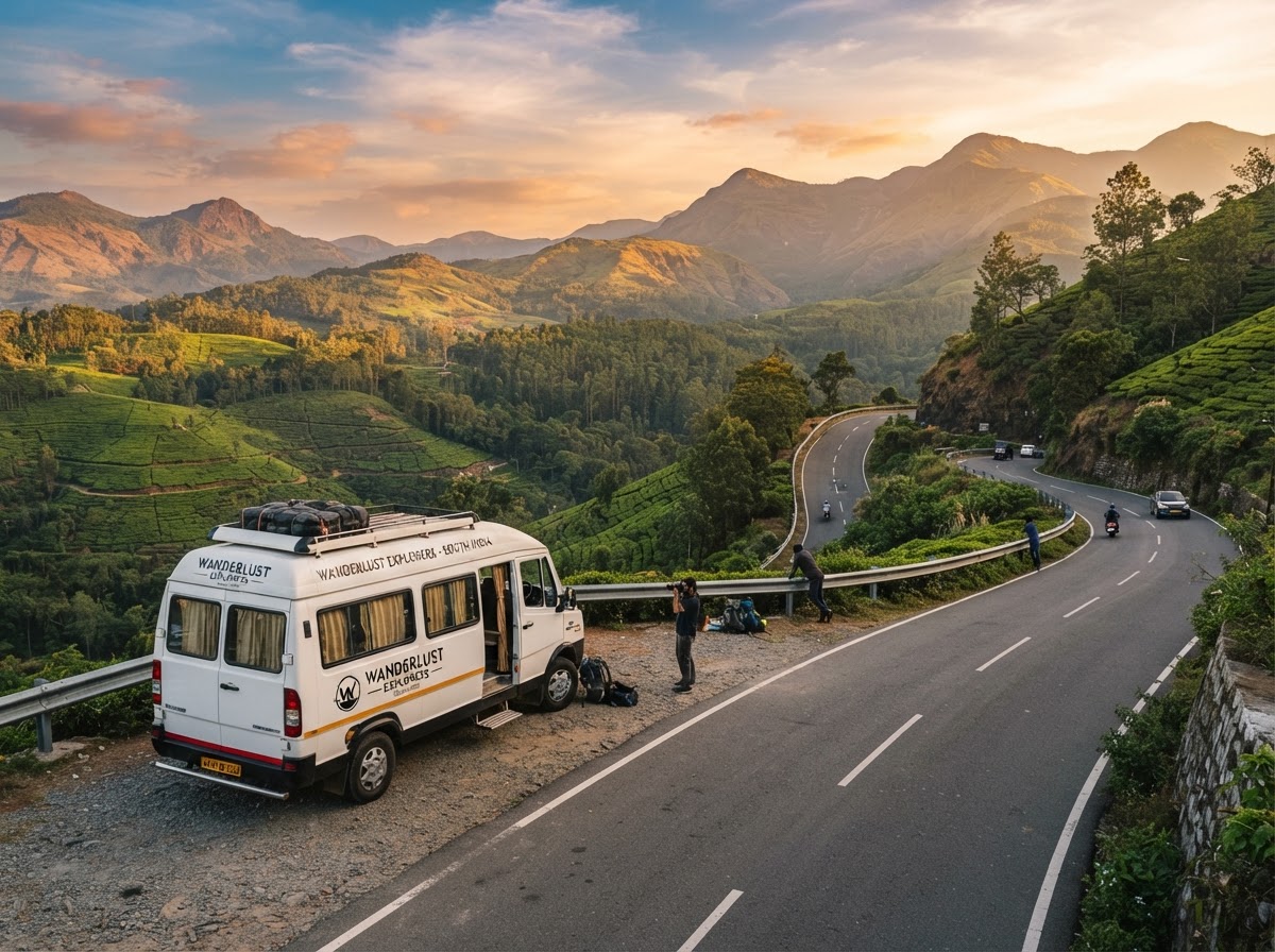 White Tempo Traveller van parked on a scenic South Indian hill highway at golden hour
