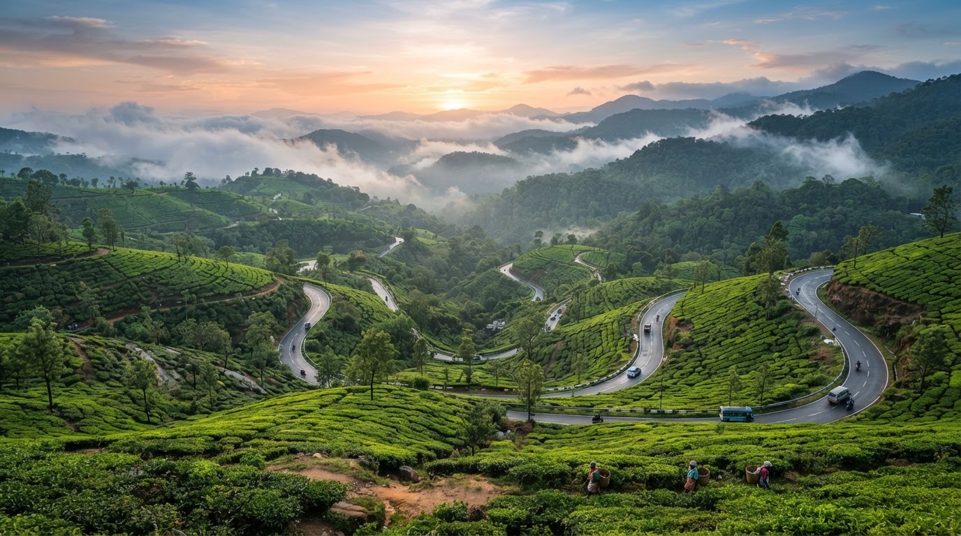 Misty coffee and tea plantations in the Wayanad hills, Kerala