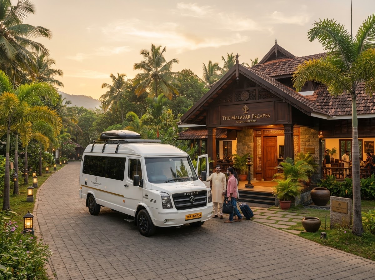 Premium white Force Urbania van parked outside a luxury resort in South India at golden hour