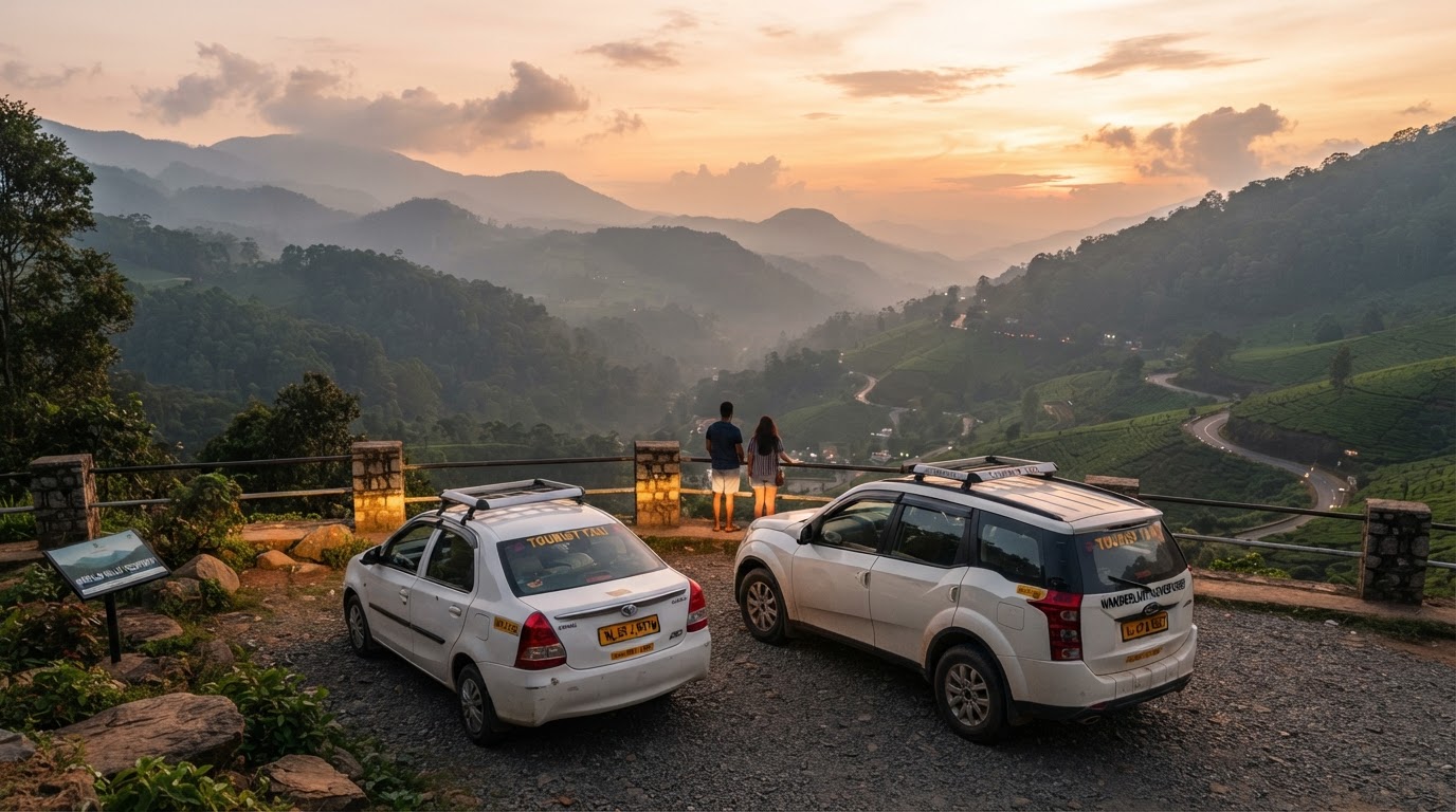 White sedan and SUV parked at a South India hill viewpoint at golden hour