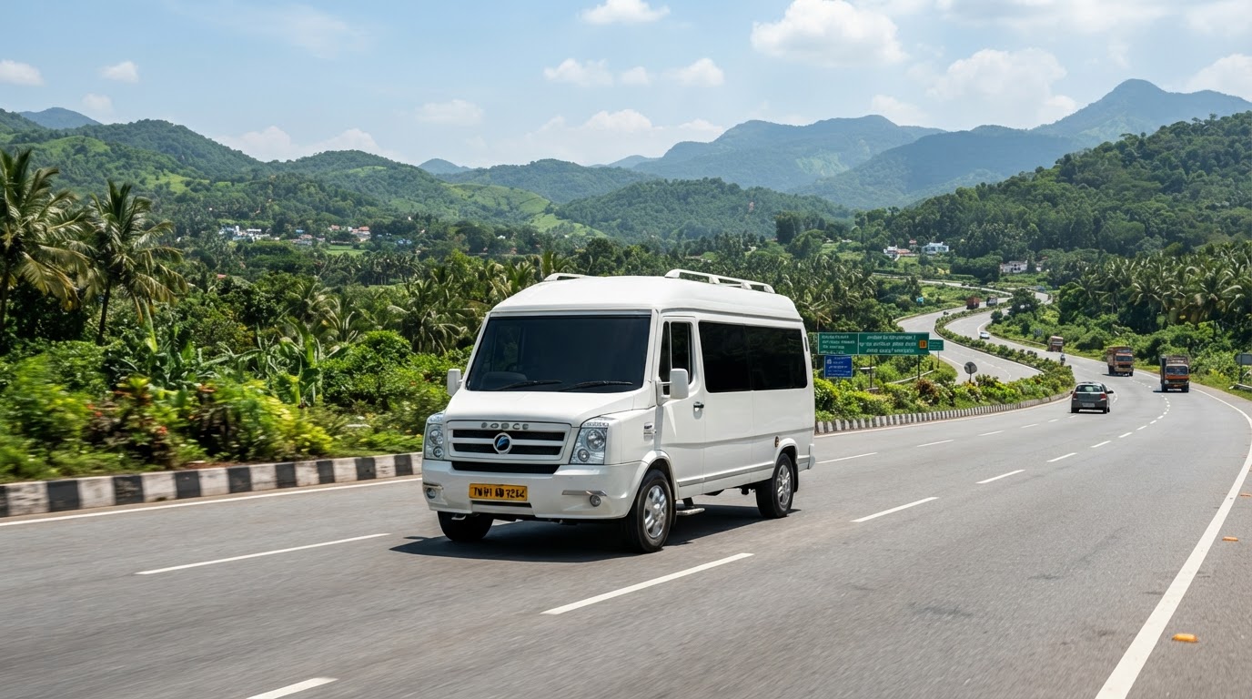 Force Urbania premium passenger van on a South India highway