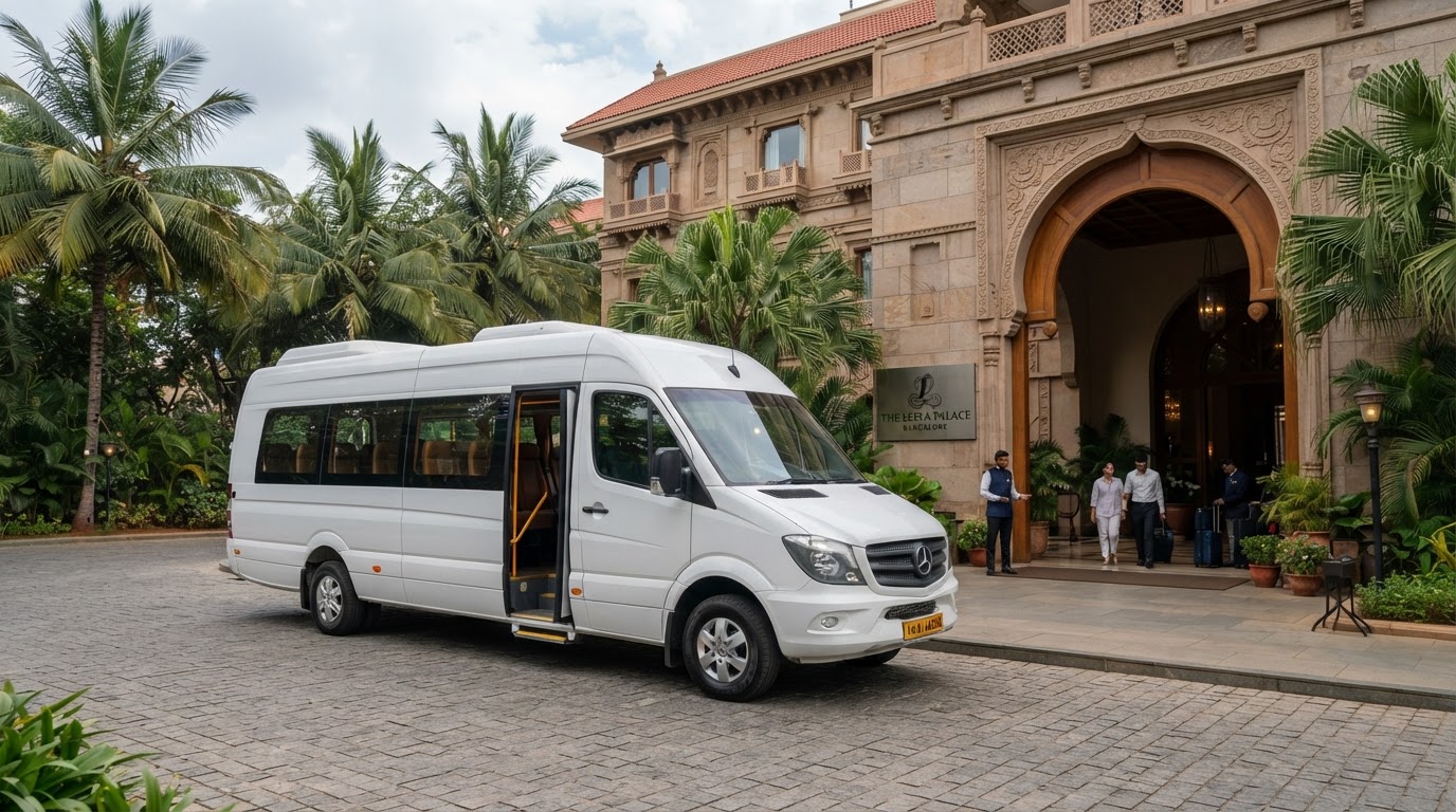 Modern white mini bus coach parked at a hotel entrance in Bangalore