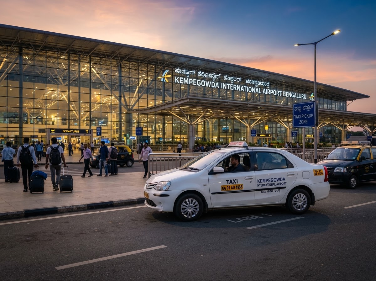 White sedan taxi waiting at the Kempegowda International Airport Bangalore terminal at dawn