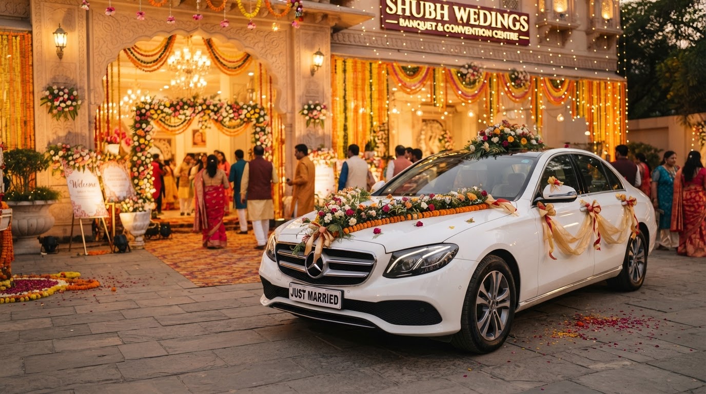 Decorated luxury wedding sedan with fresh marigold and rose garlands at a banquet hall