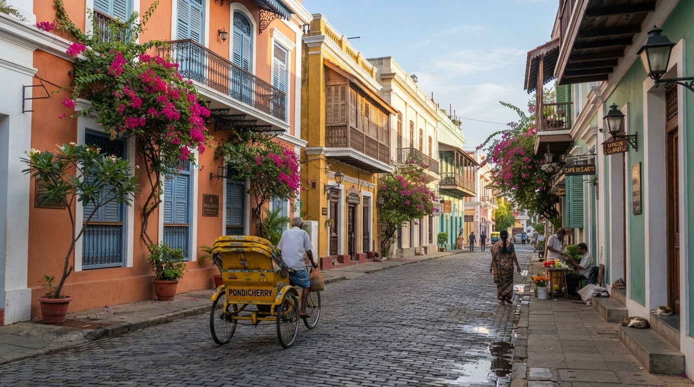 Pastel colonial villas in the French Quarter of Pondicherry