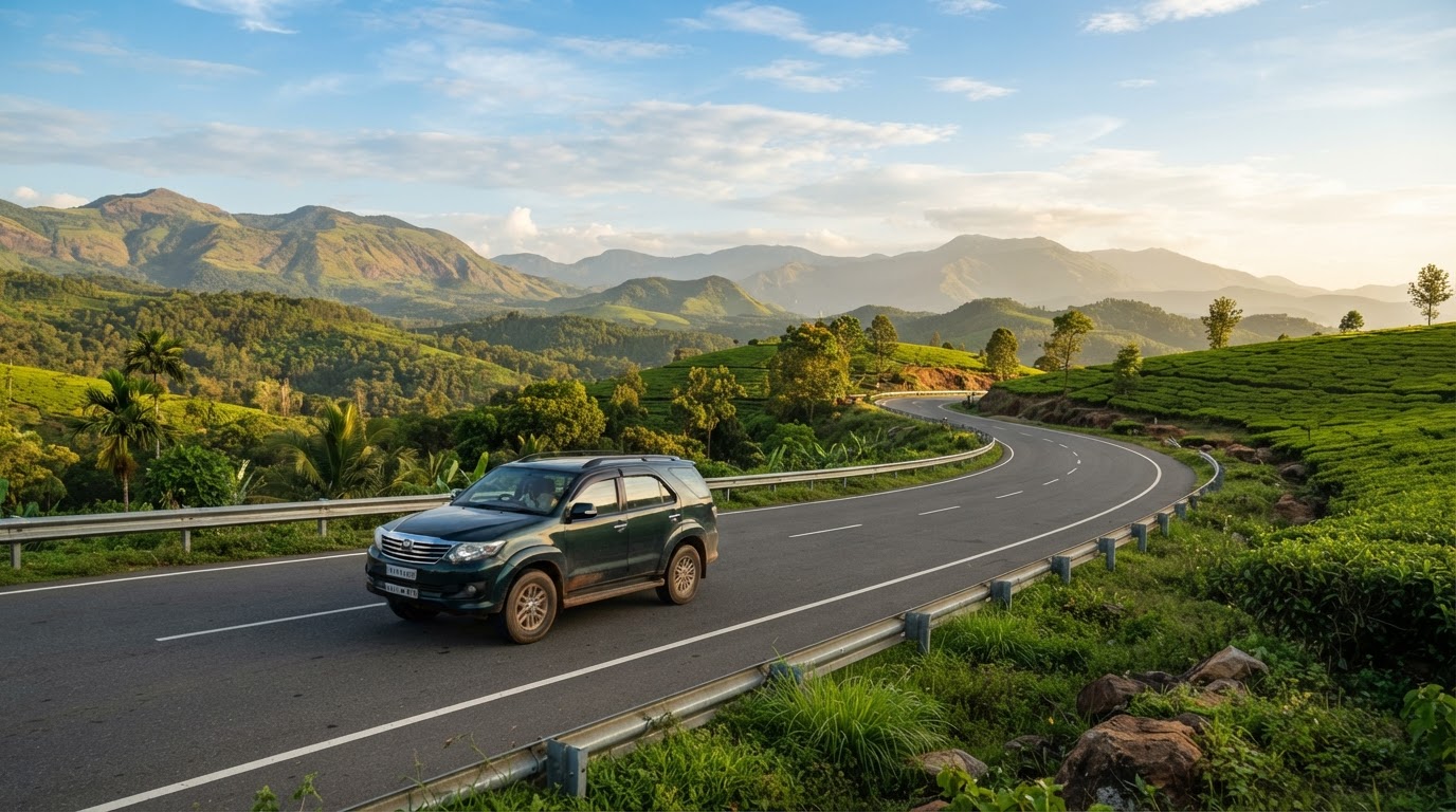 Scenic South India highway winding through green hills at golden hour