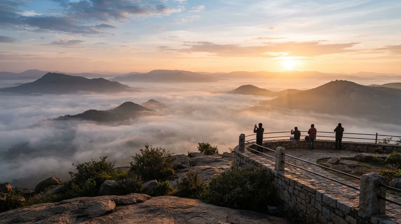 Nandi Hills viewpoint near Bangalore at sunrise with mist filling the valley