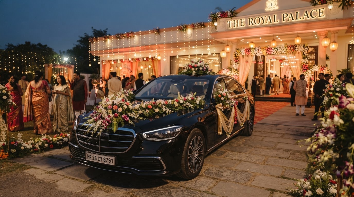 Decorated luxury sedan wedding car with fresh flowers in front of a banquet hall