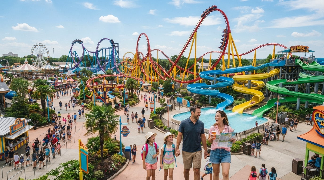 Amusement theme park with colorful roller coaster and water slide rides
