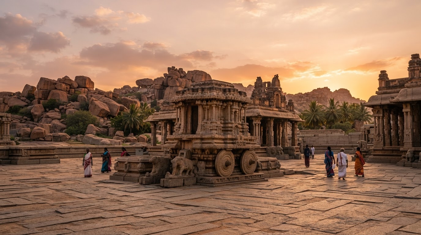 Vittala Temple stone chariot and boulder-strewn ruins of Hampi, Karnataka