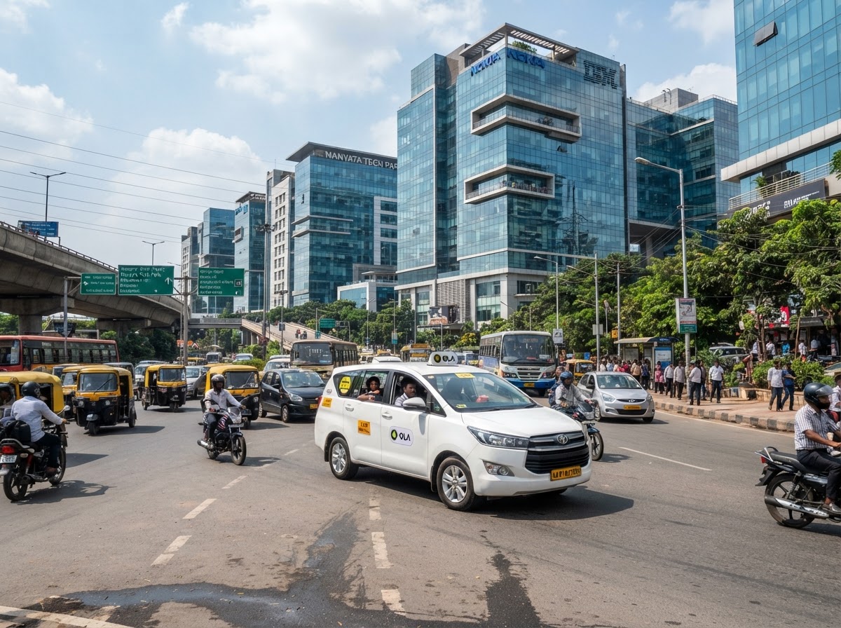 White SUV cab driving through Bangalore city traffic past modern tech park glass buildings