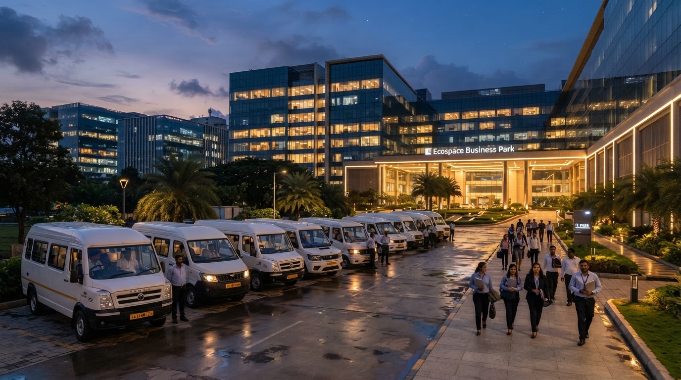Row of corporate shuttle vans and cabs lined up outside a Bangalore IT office park at dusk