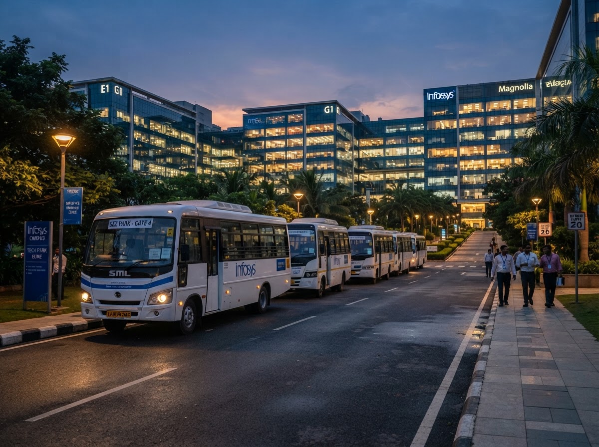 Modern white mini bus coach parked in a line at a corporate tech park in Bangalore at dusk