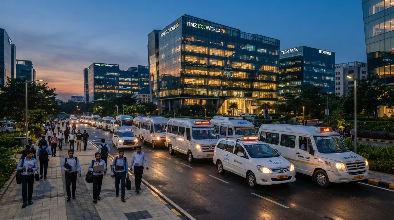 Fleet of corporate employee shuttle cabs and vans lined up outside a Bangalore IT tech park at dusk