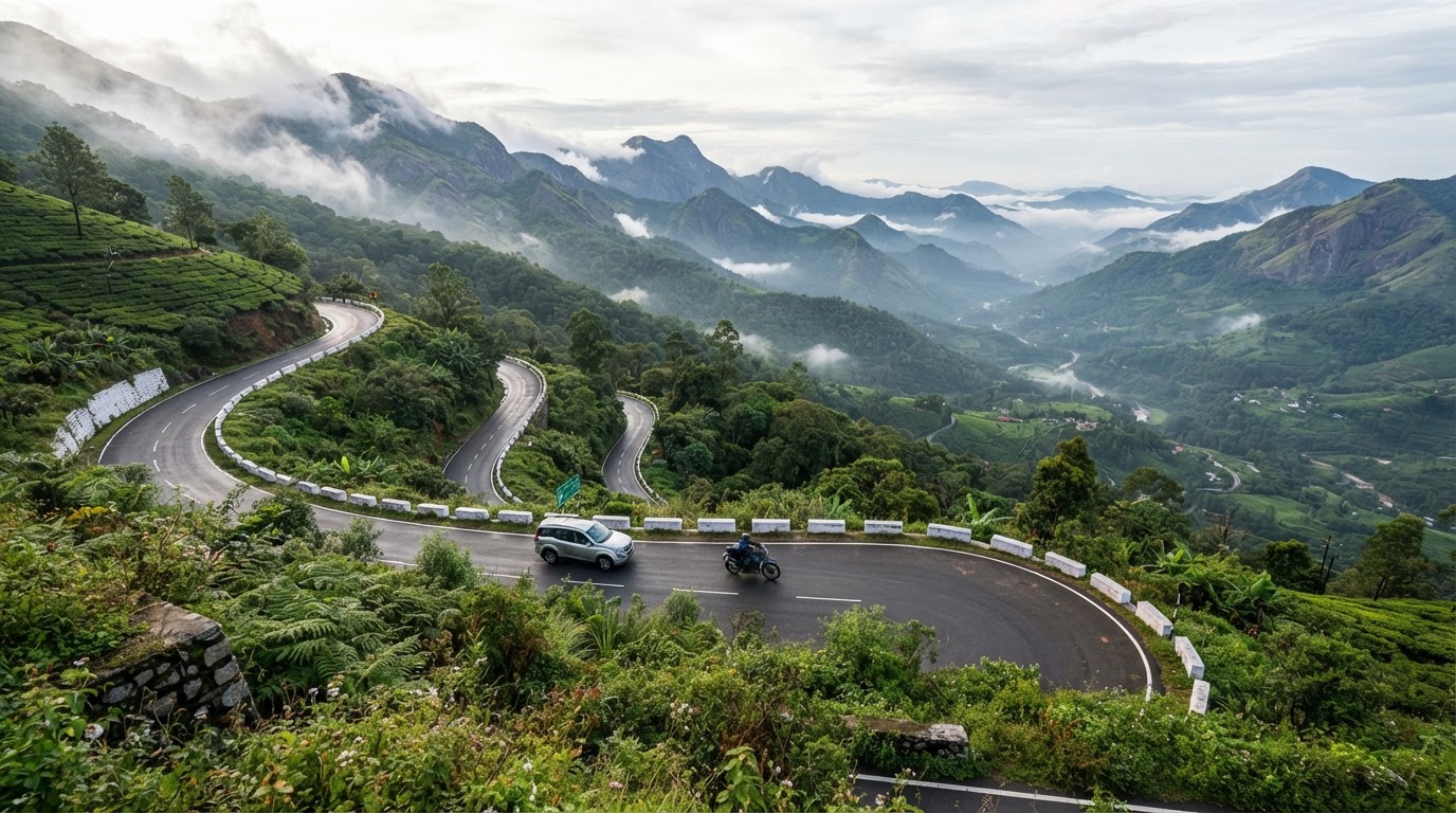Scenic winding ghat road through the South India Western Ghats with green hills and mist