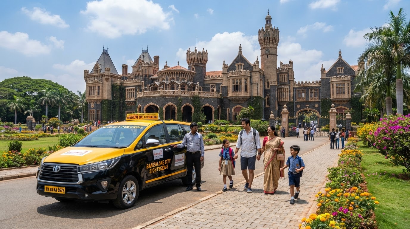 Bangalore sightseeing taxi parked outside Bangalore Palace with Tudor towers and lawns