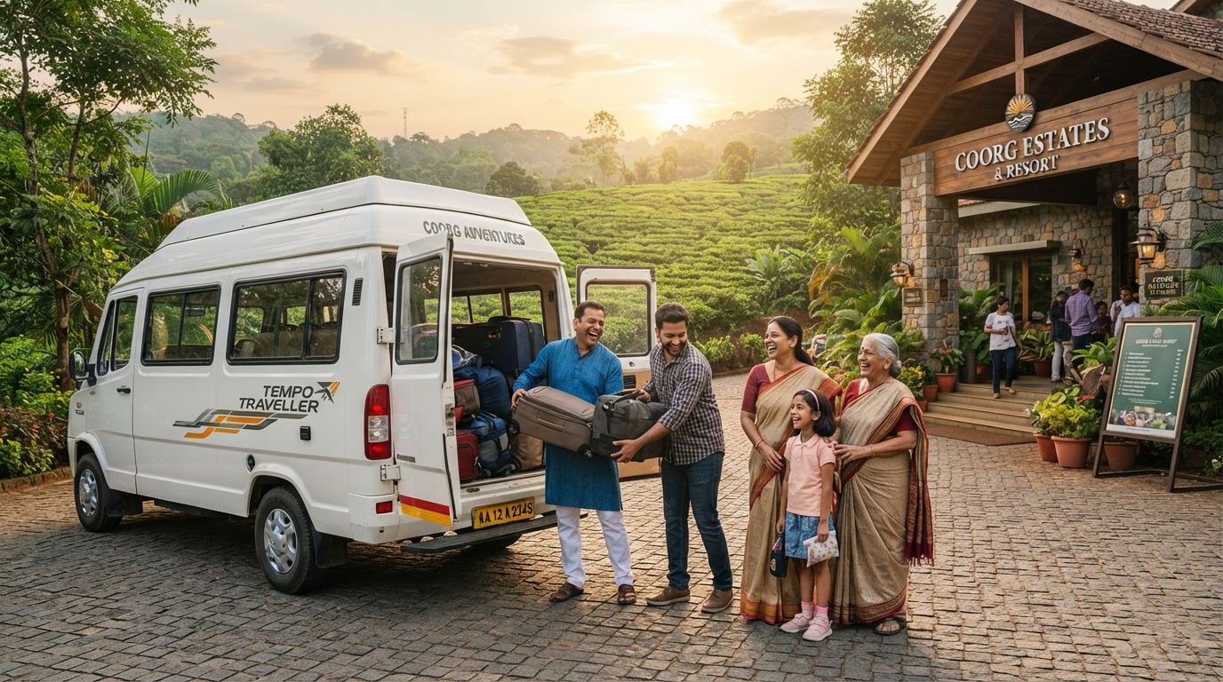 Family of travelers loading luggage into a white Tempo Traveller outside a Coorg hotel