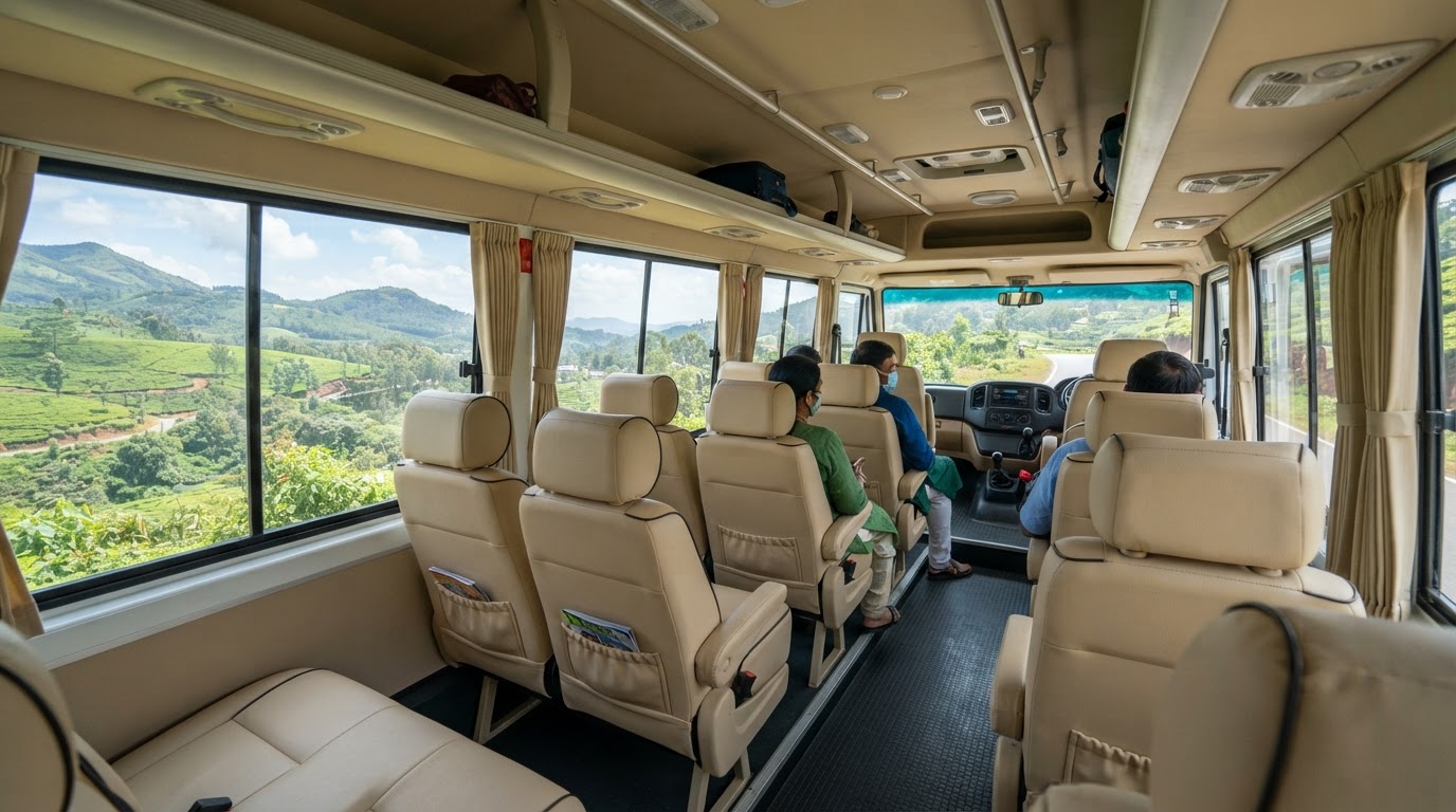 Interior of a white 12-seater Tempo Traveller with pushback seats and full cabin AC