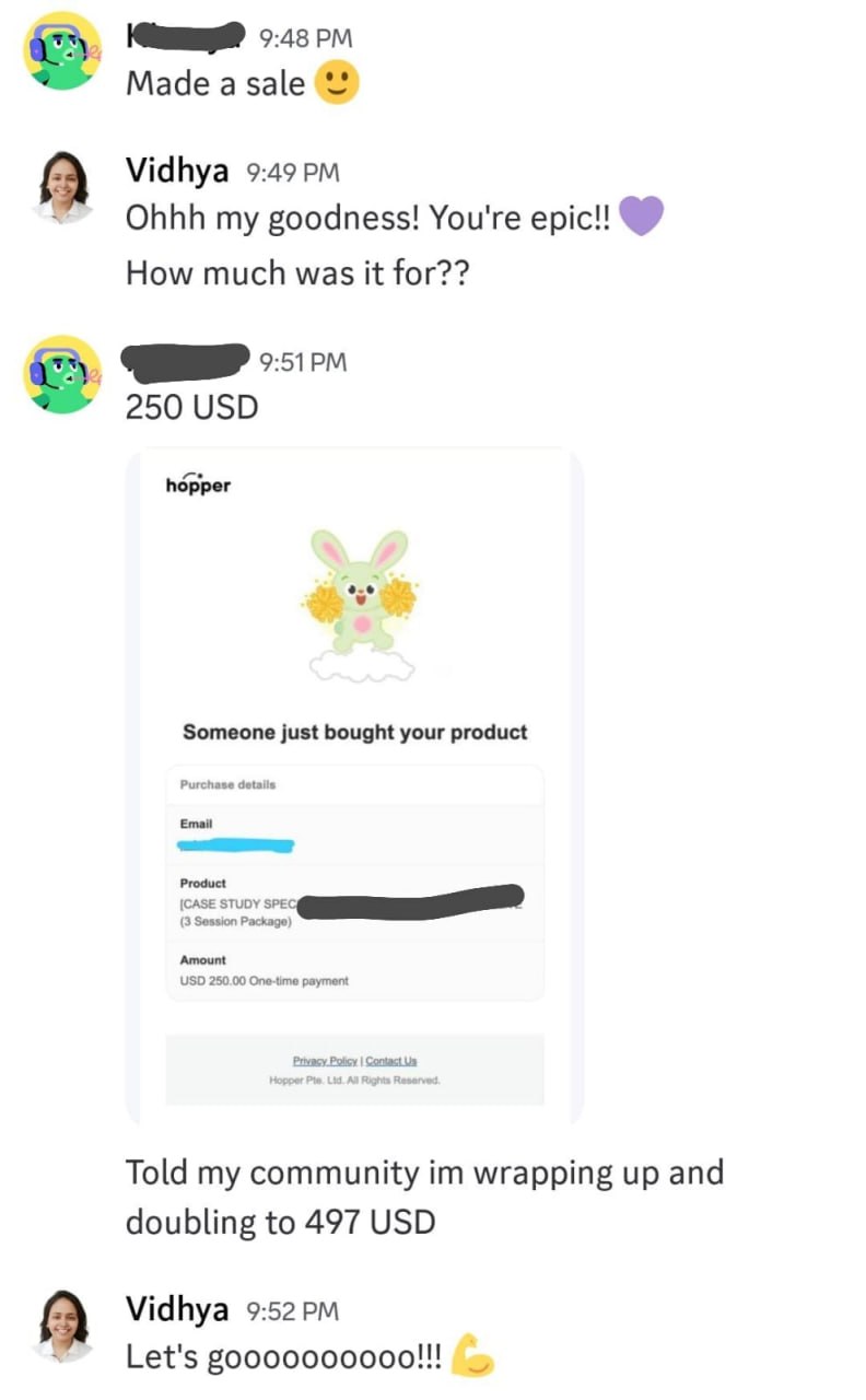 Client win message: Made a sale 250 USD, someone just bought your product