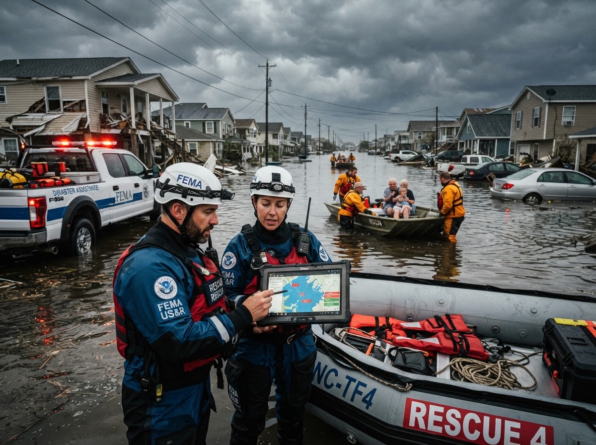 Disaster response teams using TAK mapping software during hurricane recovery