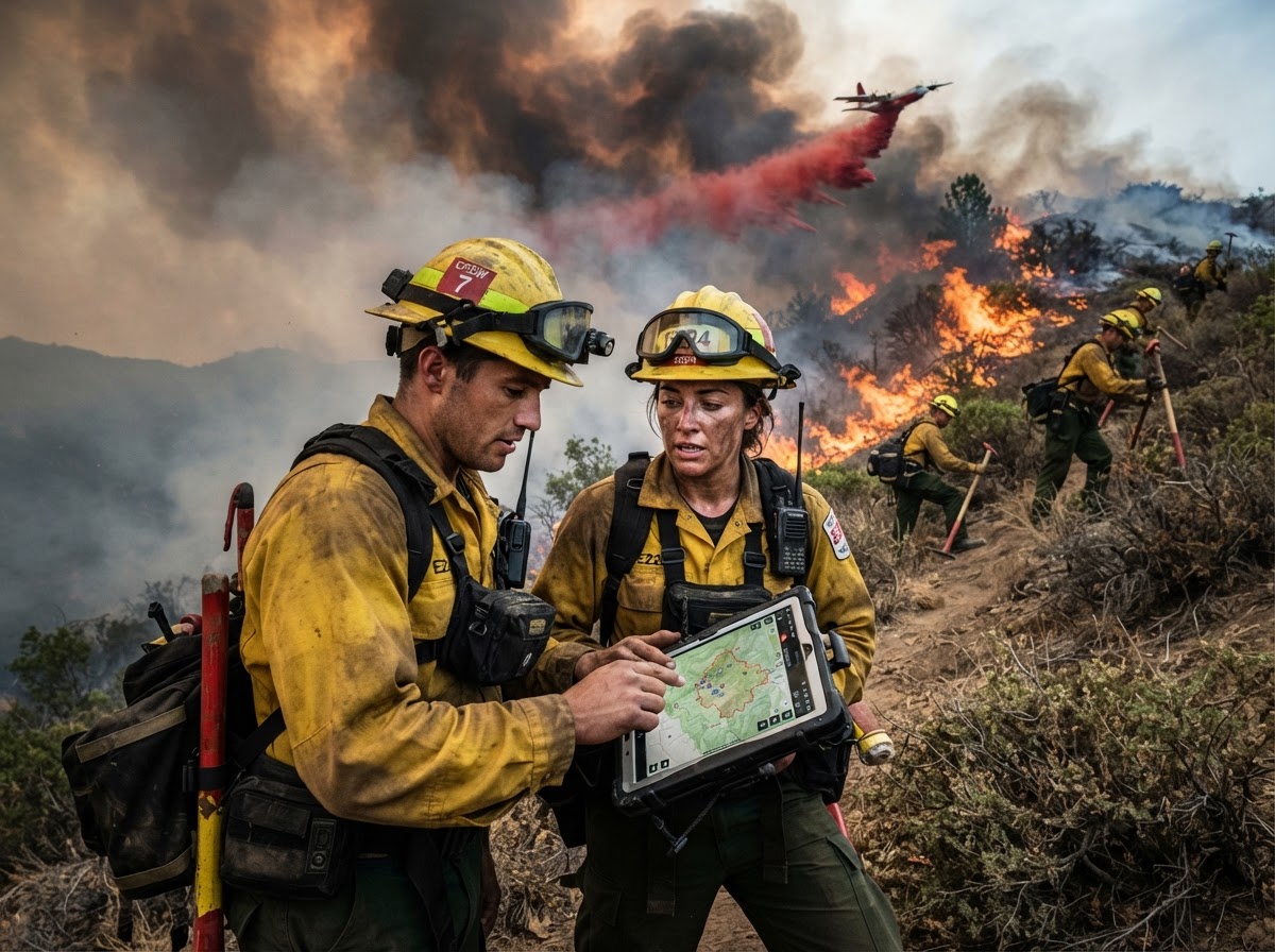 Wildland firefighters using TAK situational awareness maps near an active fire line