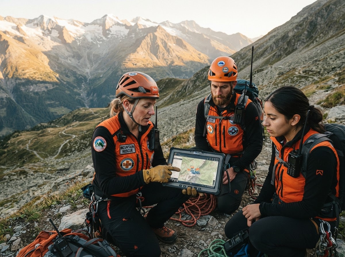 Search and rescue team using TAK on a rugged tablet in mountain terrain
