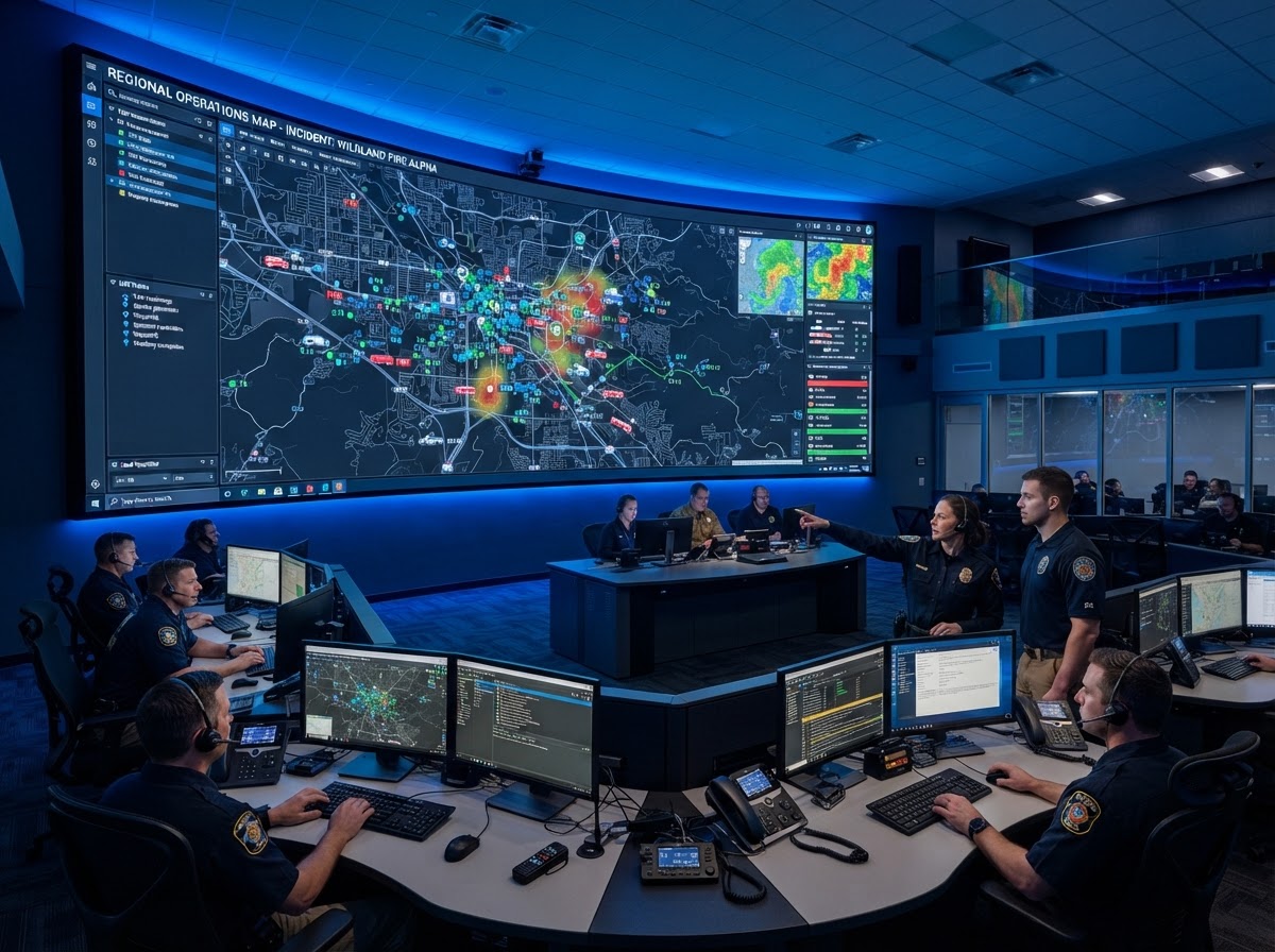 Emergency operations command center with large TAK map displays
