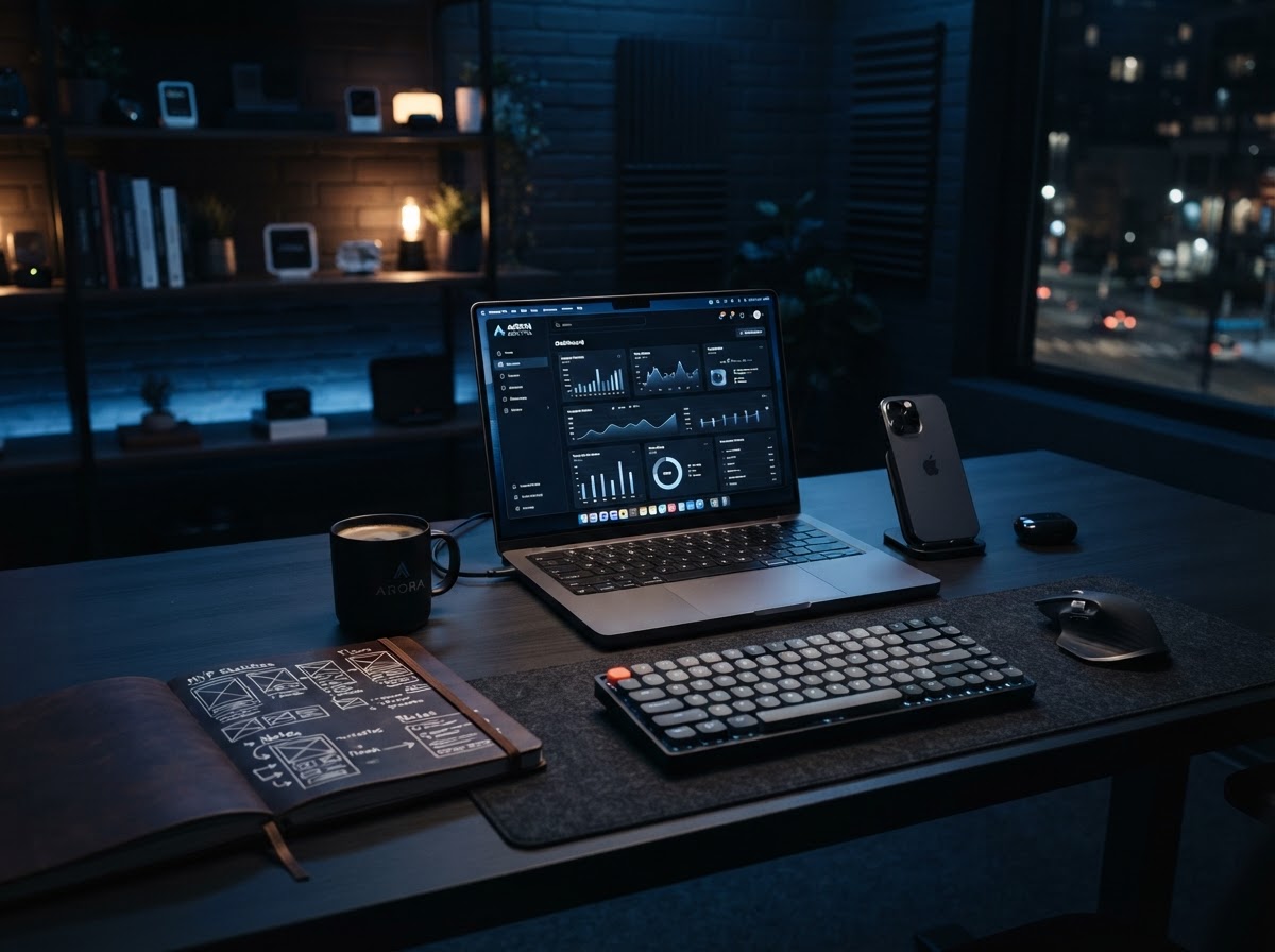 Creative workspace with a laptop and sketched notebook for planning an app idea
