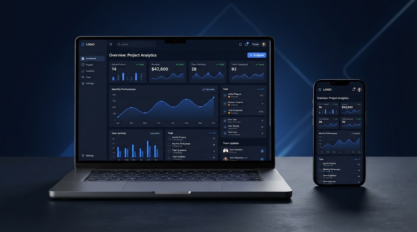 Custom web application dashboard displayed on a laptop with the responsive mobile version on a phone