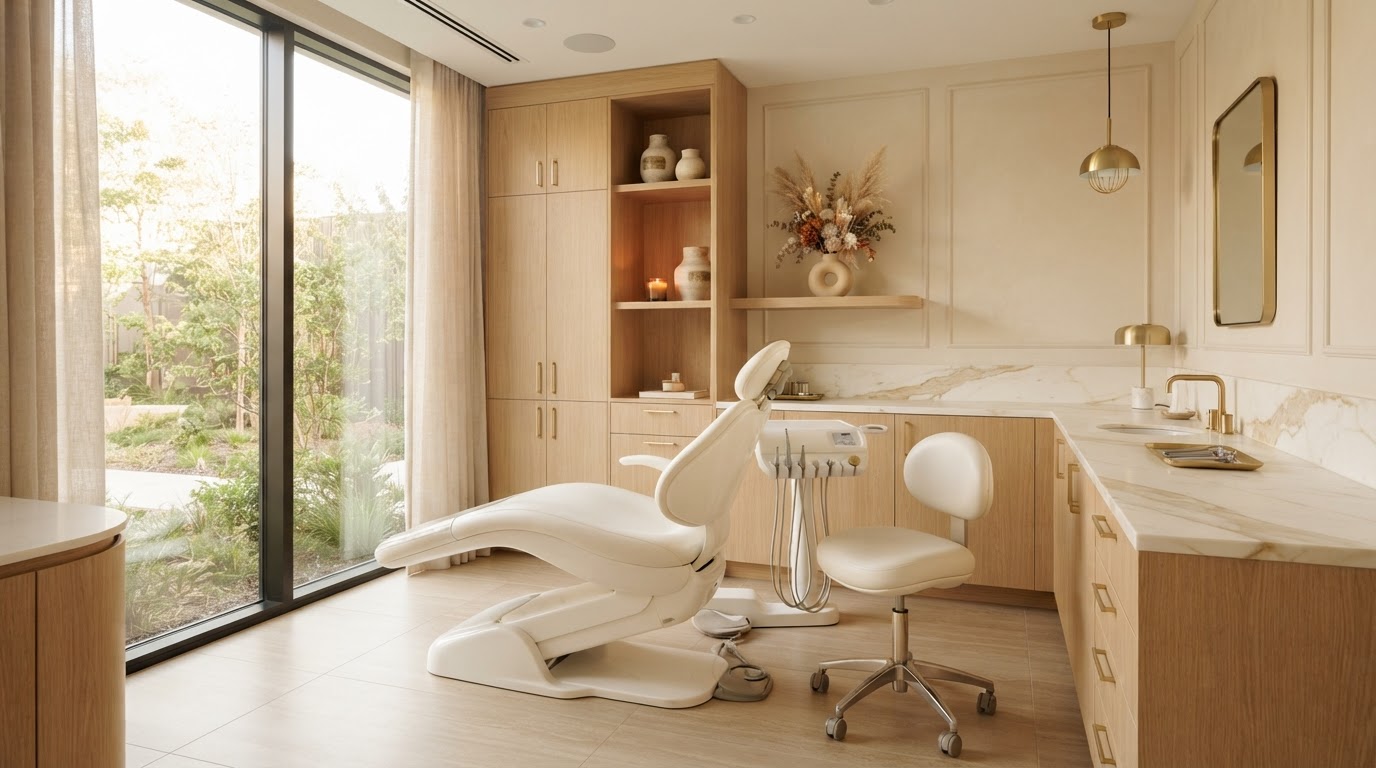 Gabinete dental con sillón blanco, mármol y luz cálida