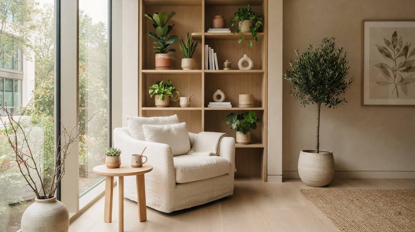 Zona de relax con plantas y luz natural en tonos cálidos