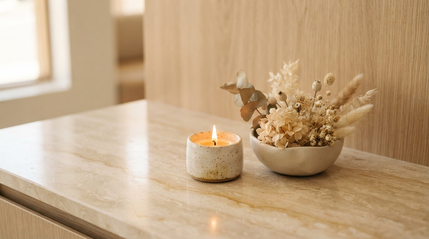 Detalle de decoración con cerámica y velas sobre piedra natural