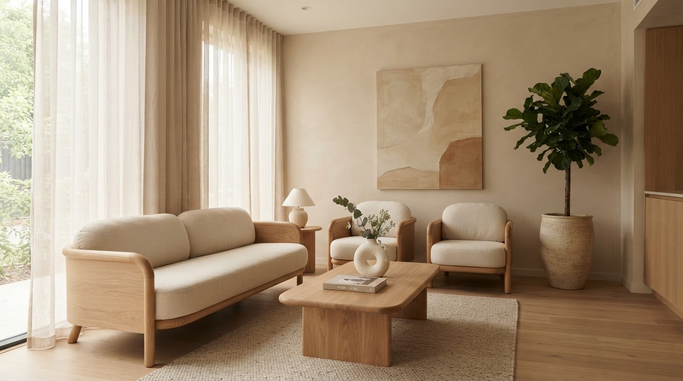 Sala de espera en tonos crema con madera clara y textiles suaves